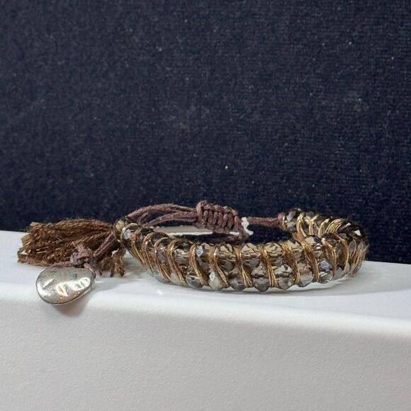 J Jill Crystal Beads Wrapped stranded Brown Pull Cord Bracelet Bolo W Tassle - Picture 2 of 8